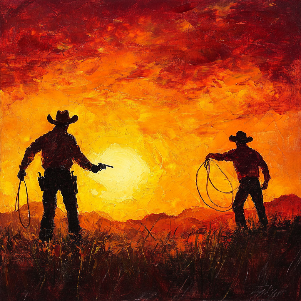 Two cowboys pose with weapons and rope at sunset.