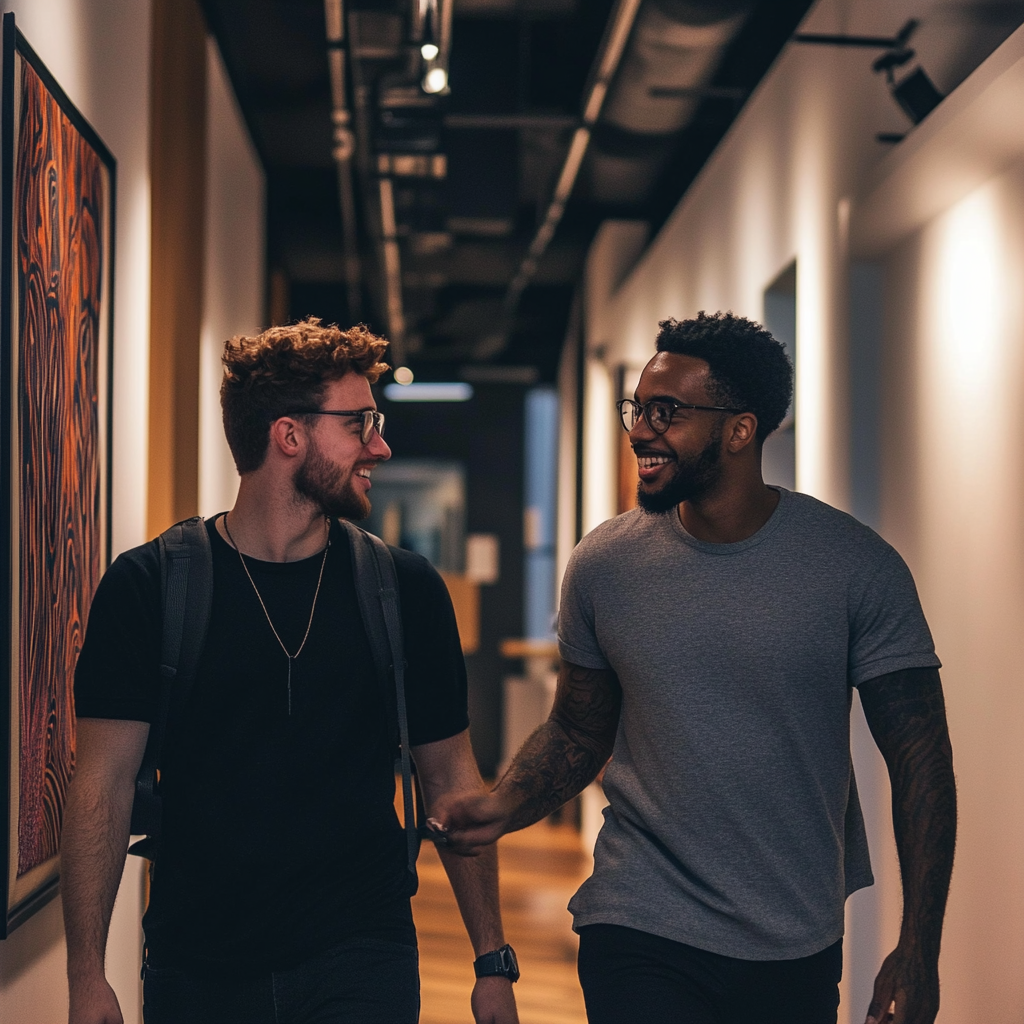 Two coworkers pass in cool workplace, showing arm.