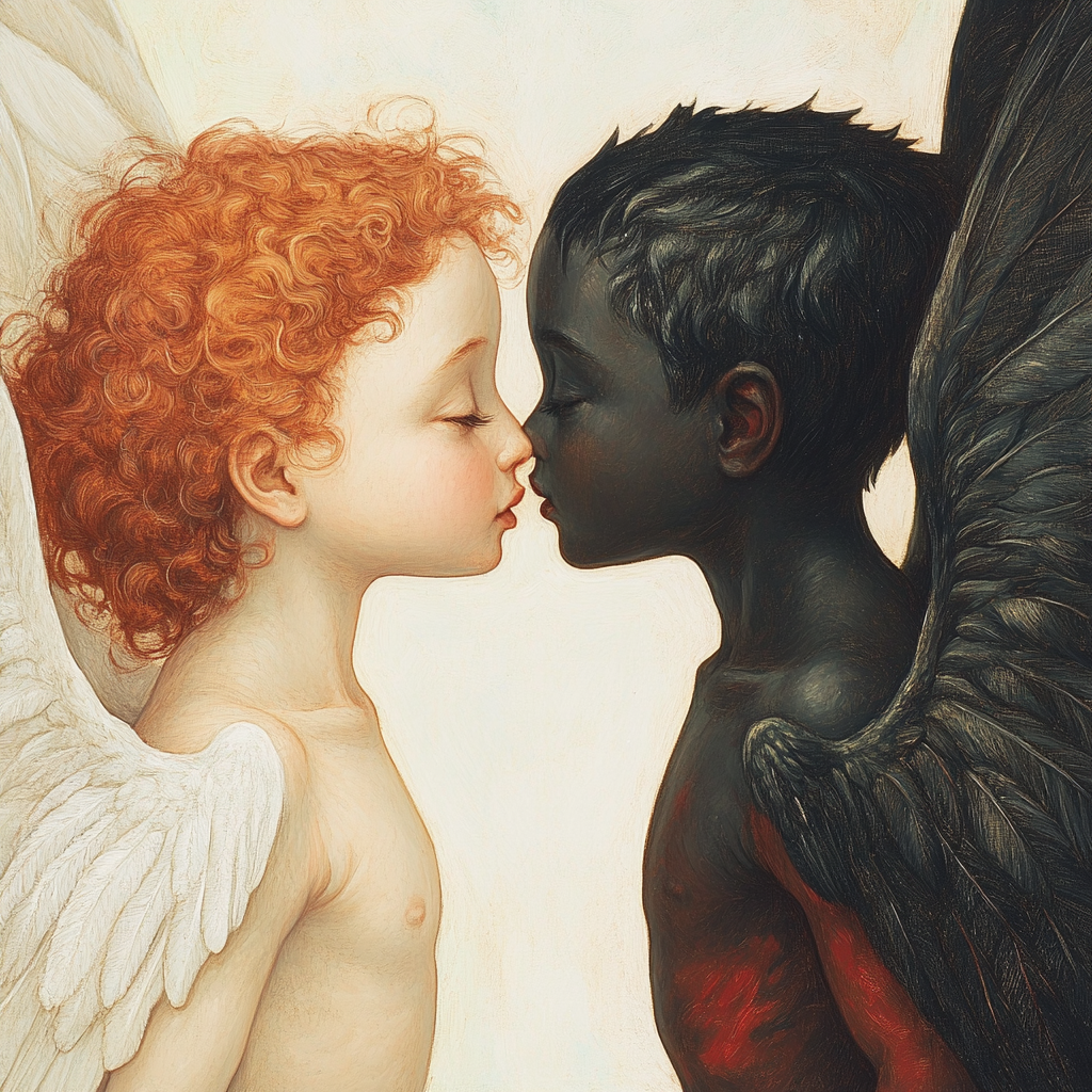 Two cupids kissing with contrasting auras, inspired by Bouguereau.