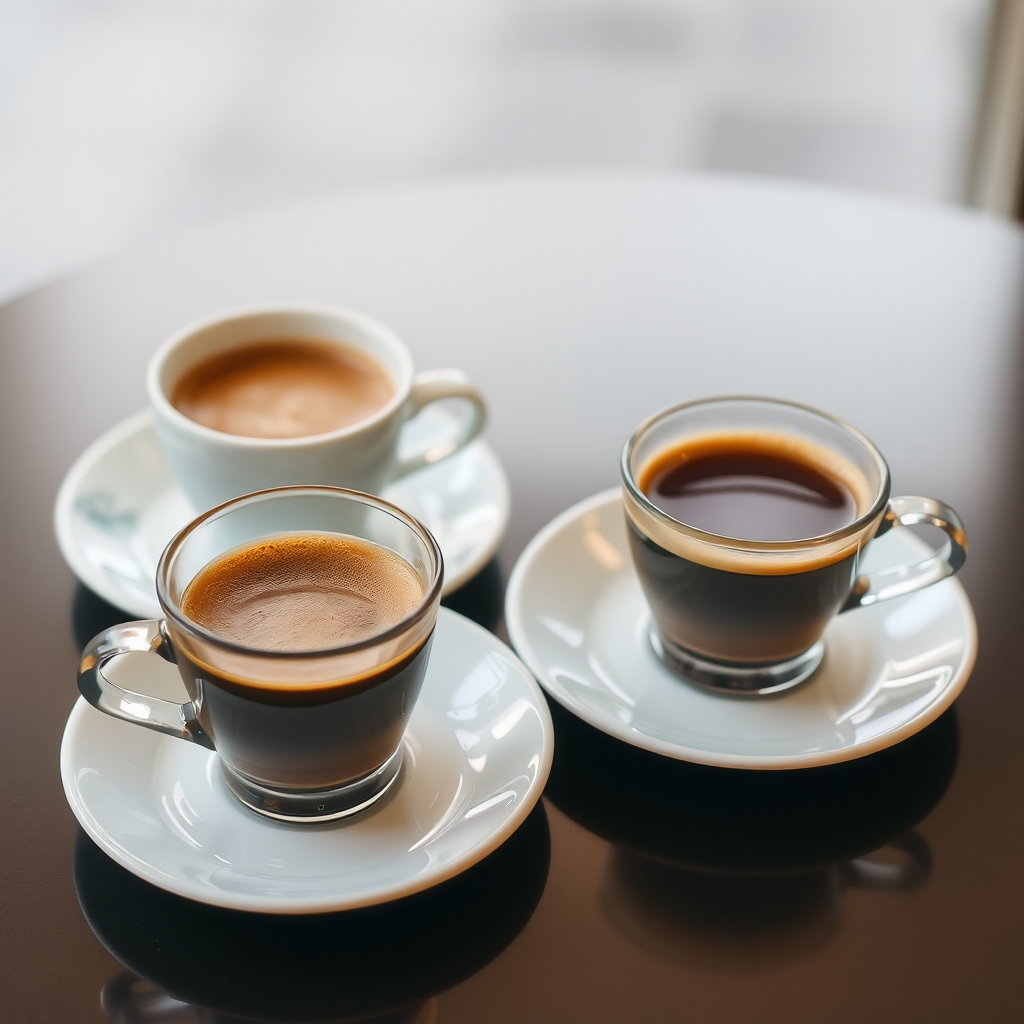 Two cups of espresso coffee on table.