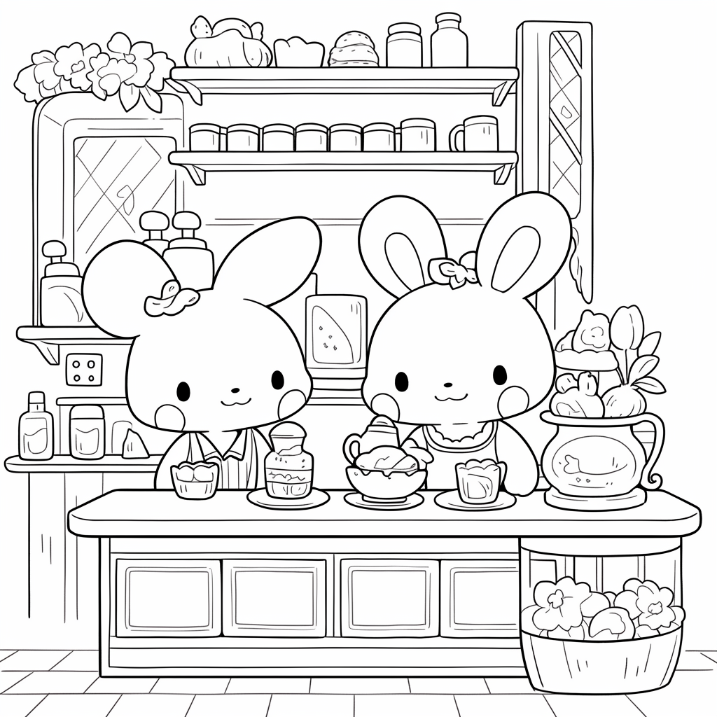 Two cute bunnies in a magical coffee shop.