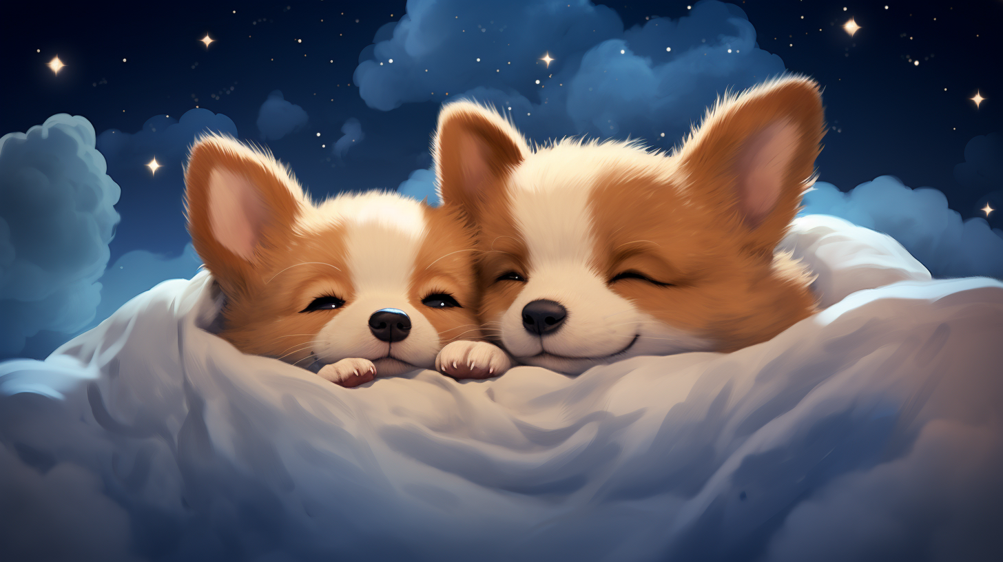 Two cute corgi puppies snuggle in dreamy clouds