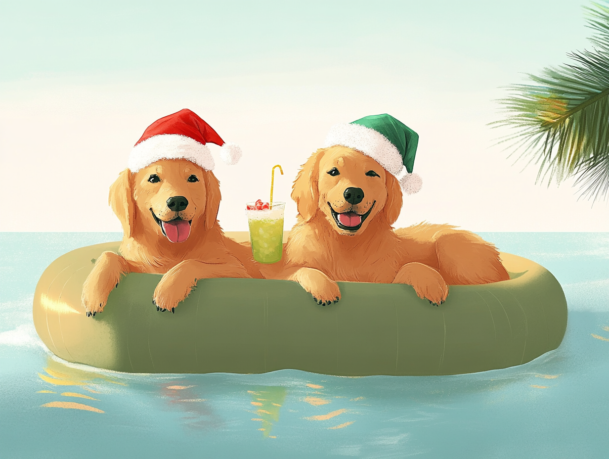 Two cute dogs in Christmas hats chilling by pool.