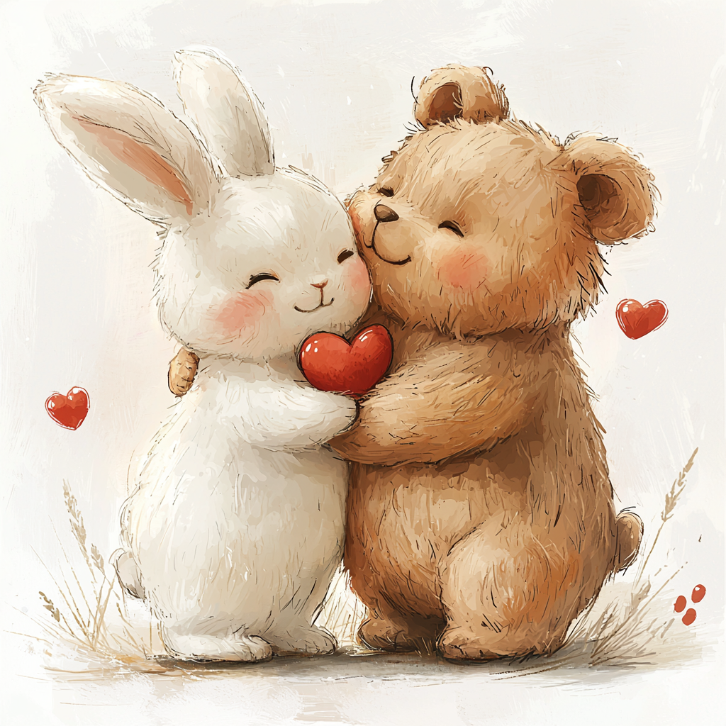 Two cute friends hugging each other, white rabbit, bear.