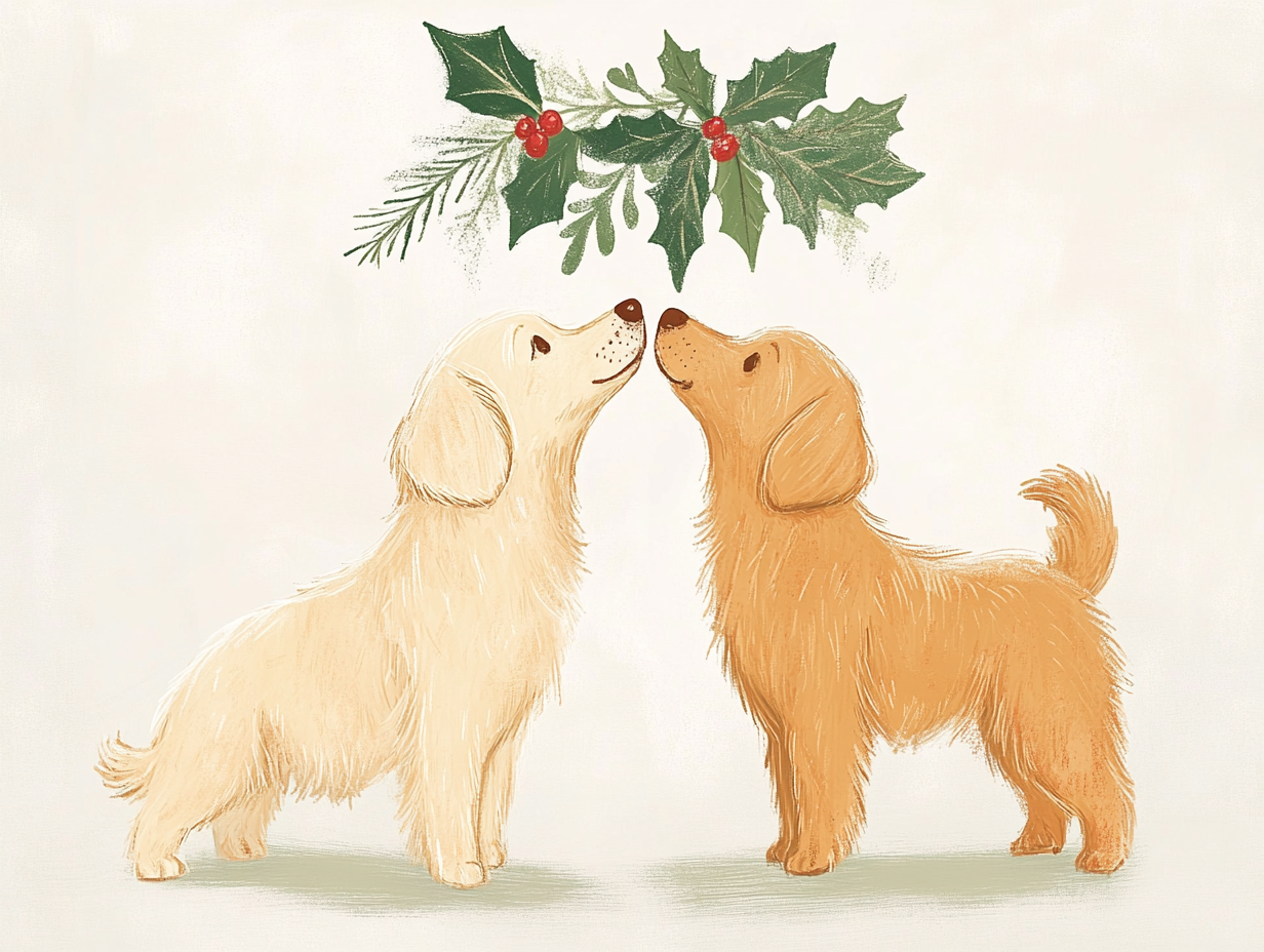 Two dogs standing nose to nose under mistletoe.