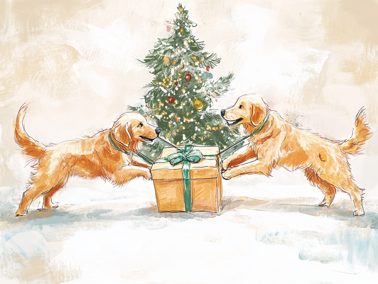 Two dogs tug on Christmas present in front of tree.