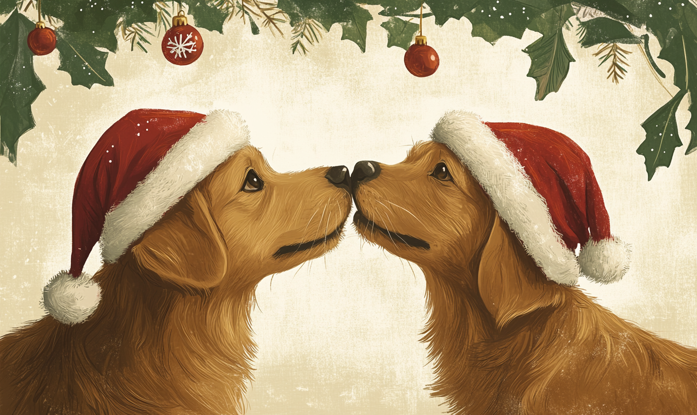 Two dogs with Santa hats sniffing under mistletoe.