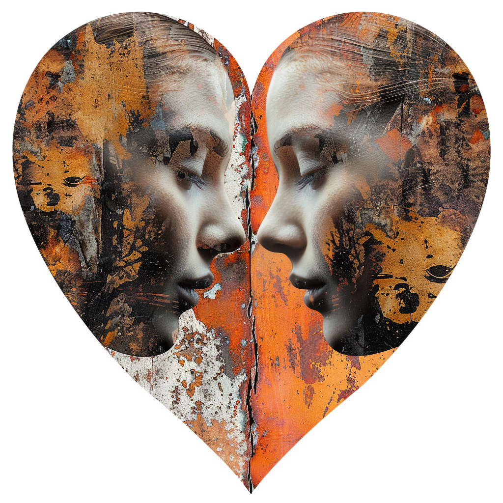 Two-faced heart embraces in avant-garde style.