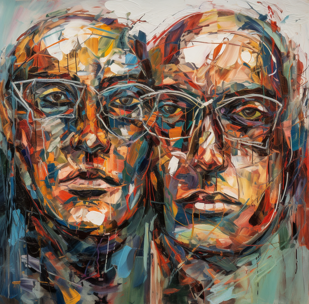 Two faces, one with glasses, in artistic abstract composition.