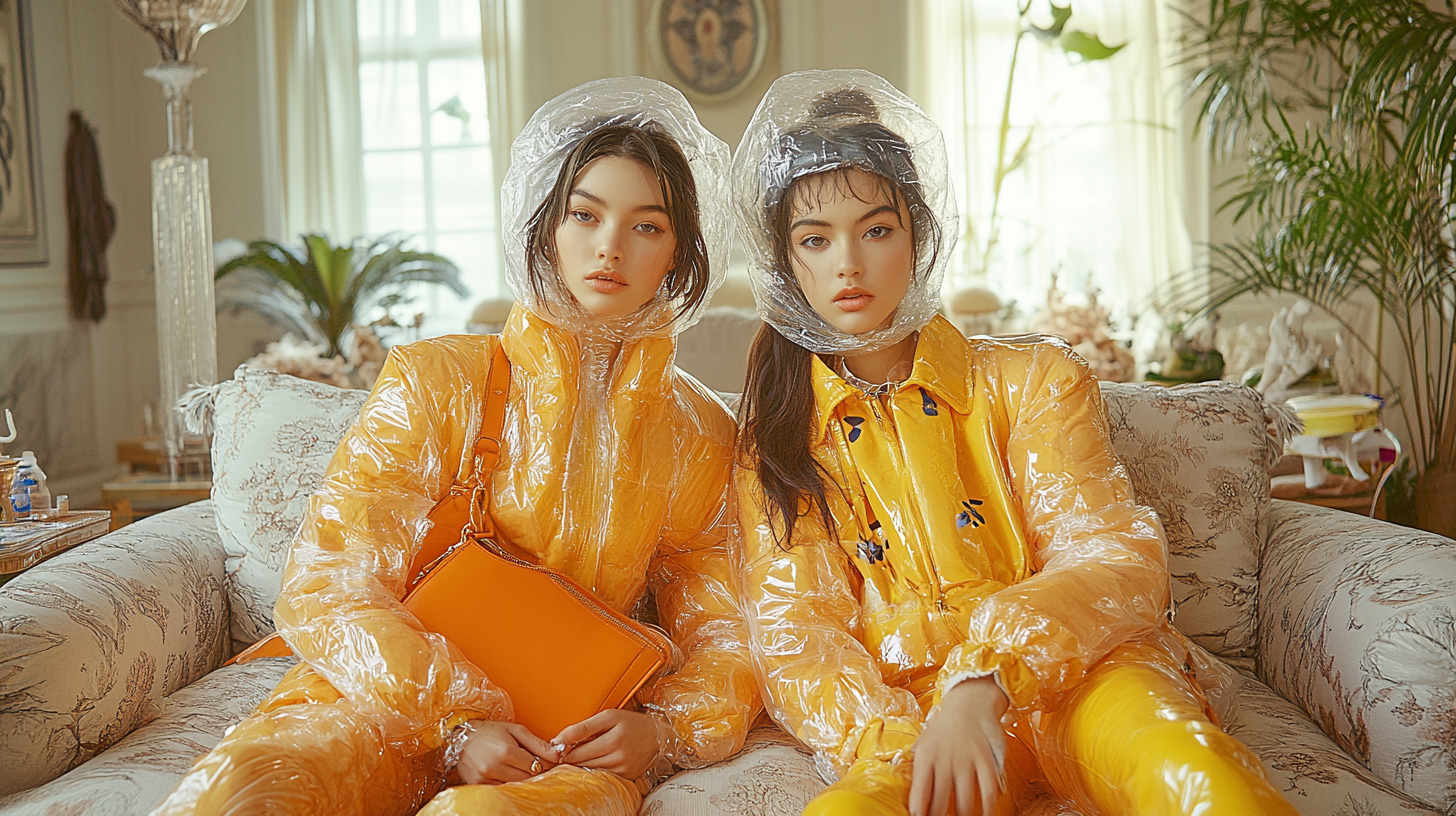 Two fashion models sitting on sofa wrapped in plastic.