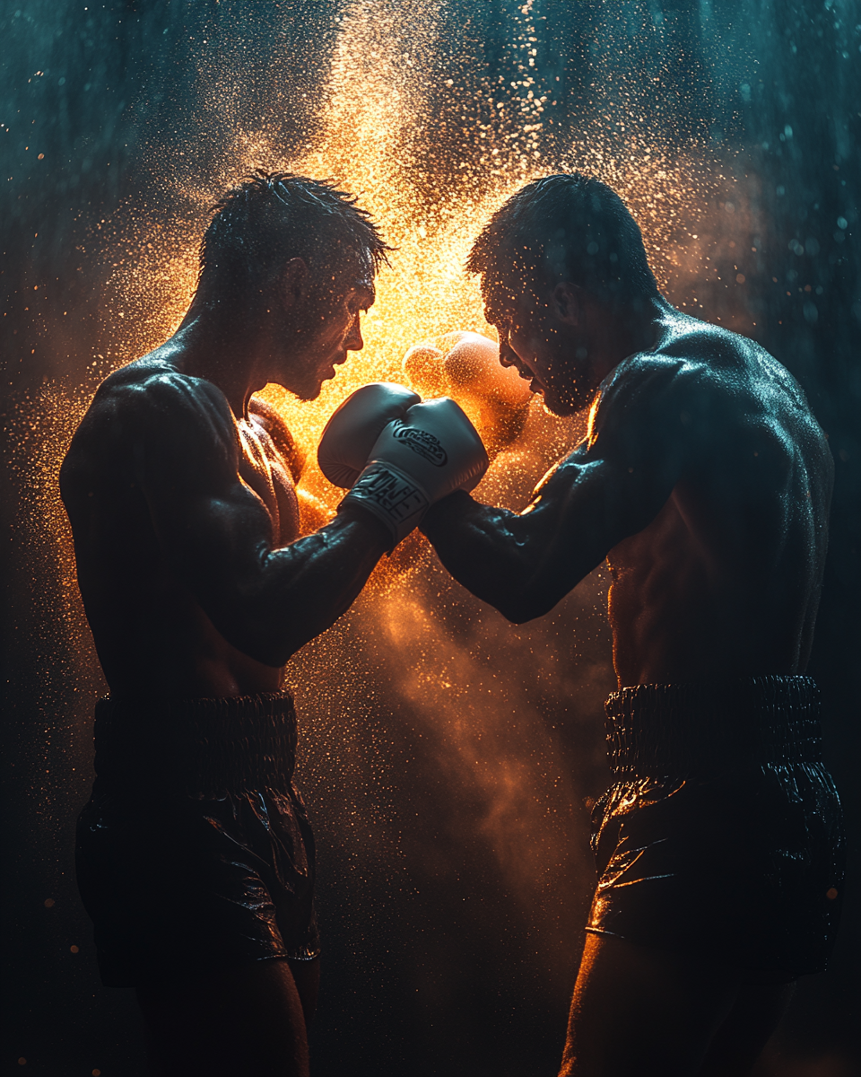 Two fighters throwing punches in intense close-up.