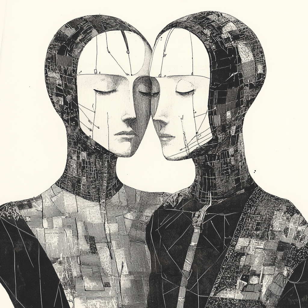 Two figures in futuristic outfits in intimate moment.