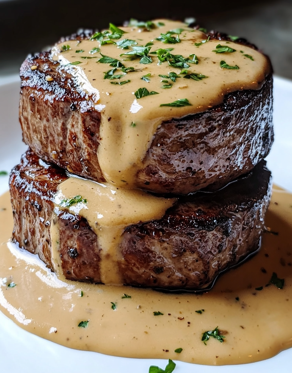 Two filet mignon steaks with creamy sauce.