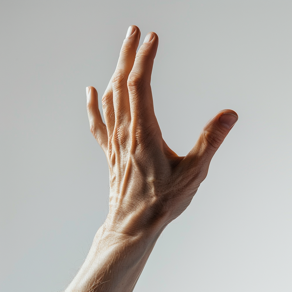 Two fingers raised on hand, white background, detailed skin.