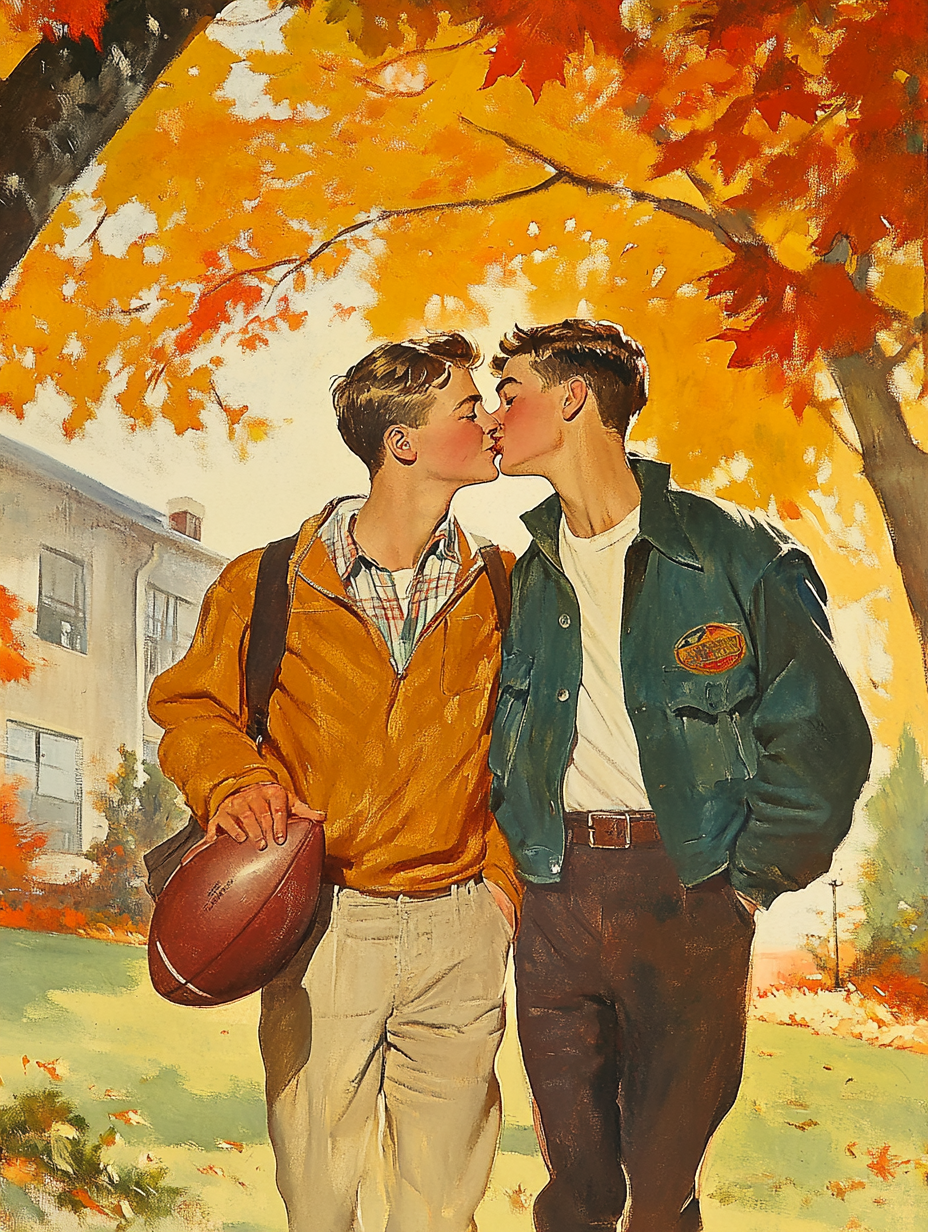 Two football boys in love on vintage book cover.