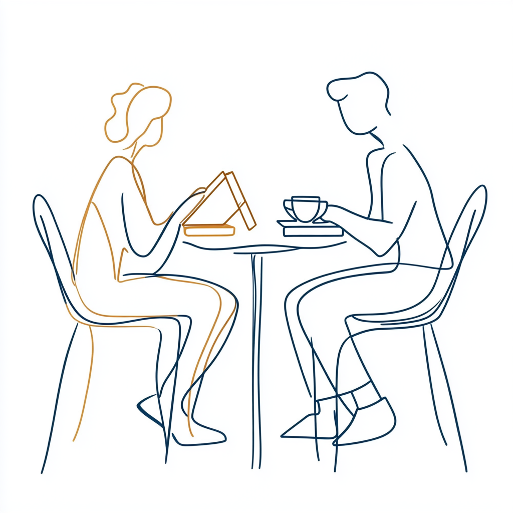 Two friends at a table with books and coffee