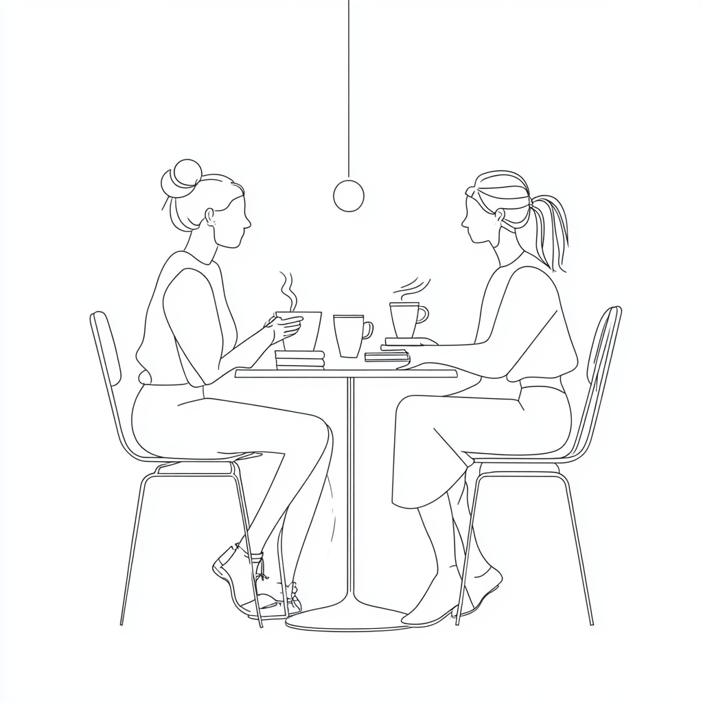 Minimalist Line Illustration of Two friends at table with books and coffee