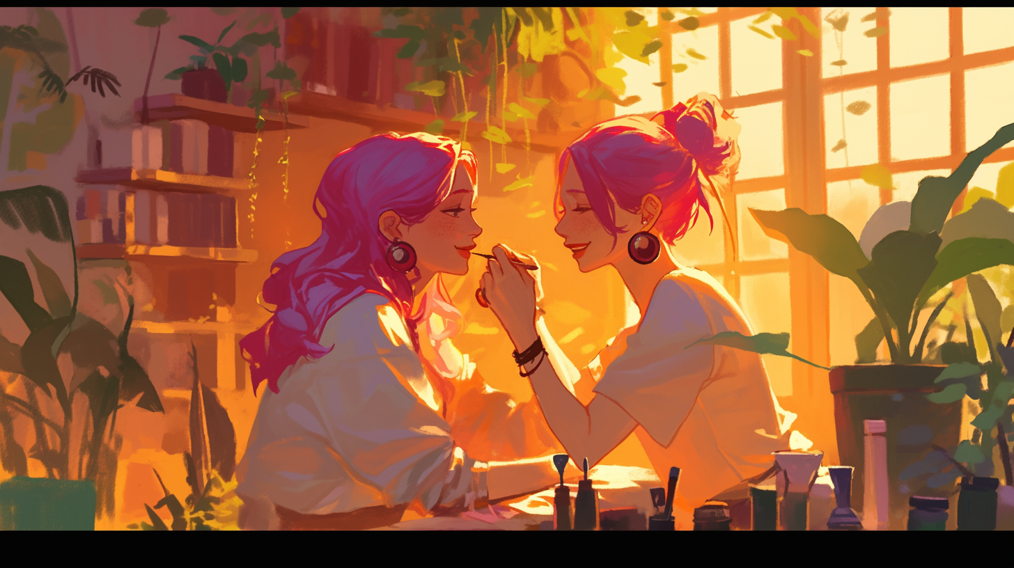 Two friends laughing while painting colorful nails. Pink hair.