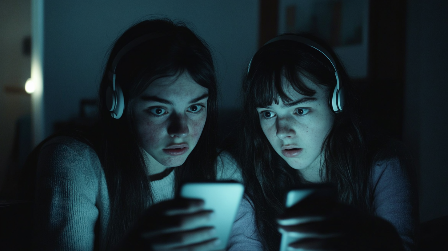 Two friends listening to scary podcast in shadowed room