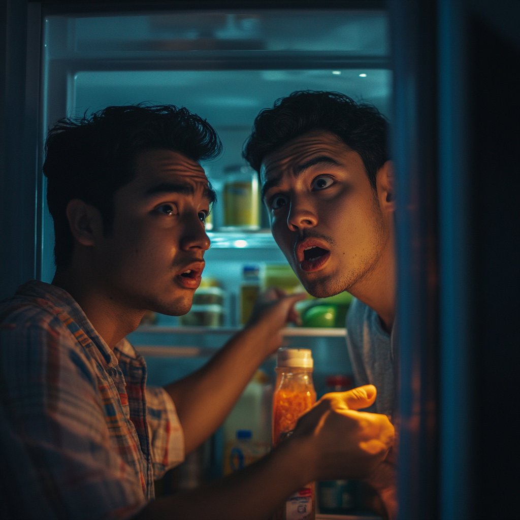 Two friends opening fridge suspiciously, eyeing each other.