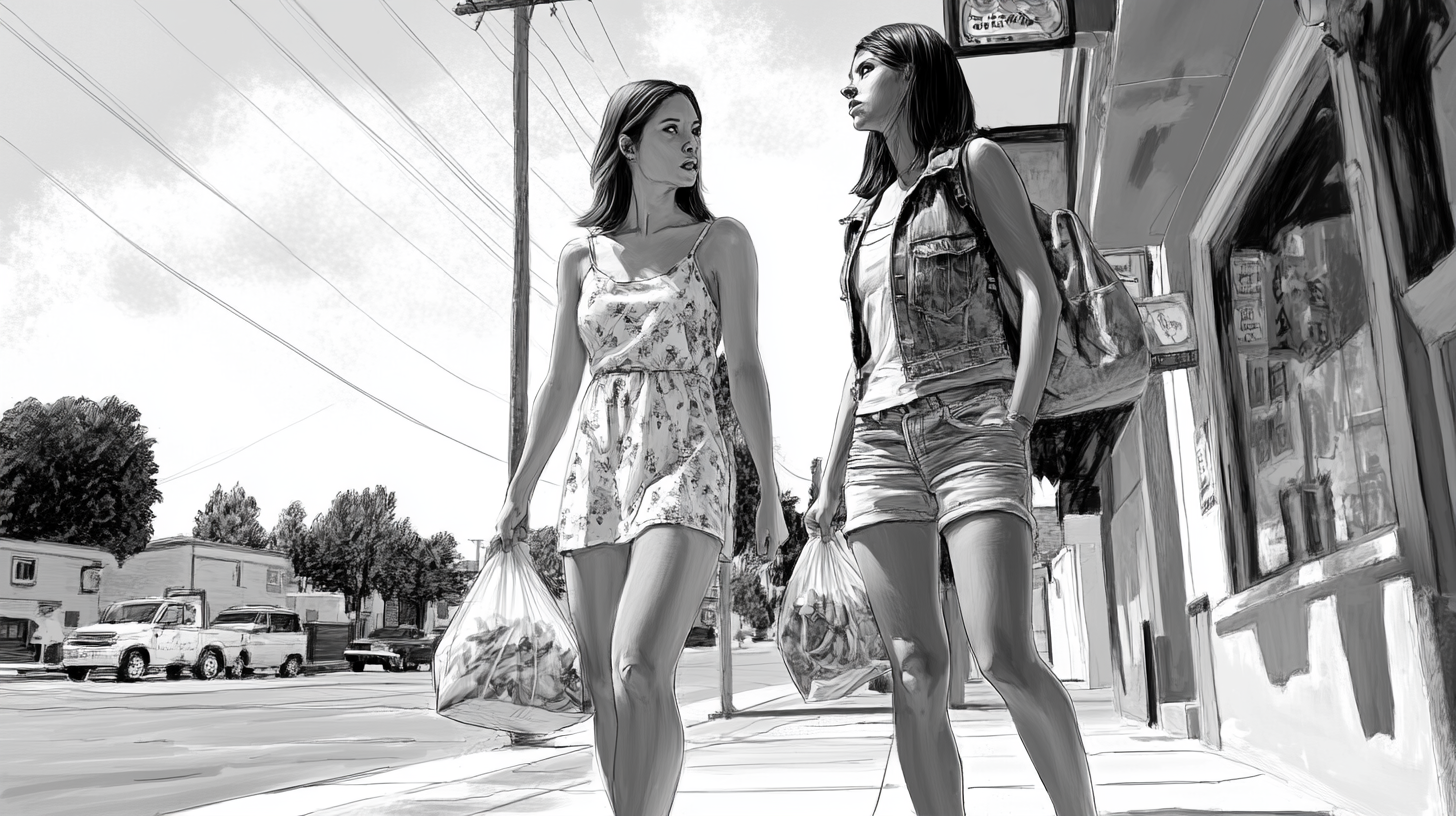 Two friends walking on sidewalk with food bags