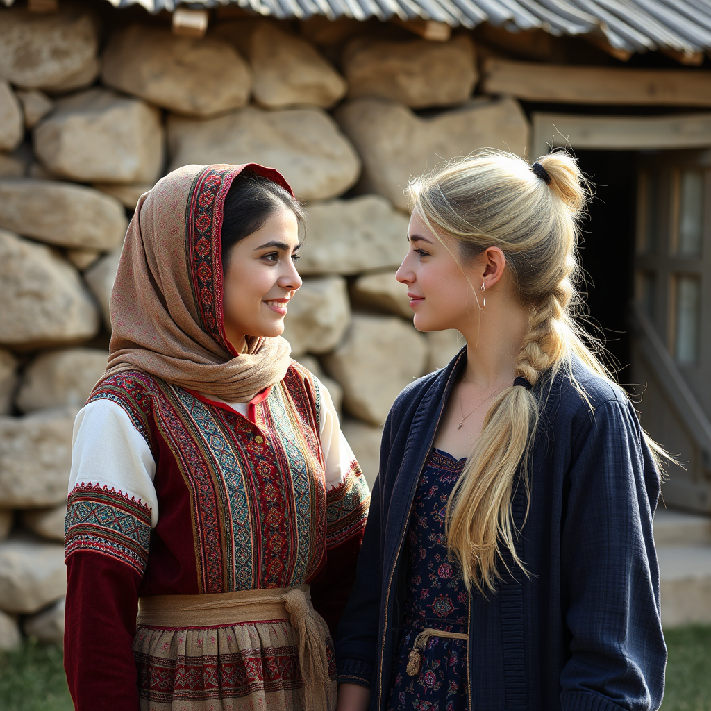 Two girls from different countries meet happily.