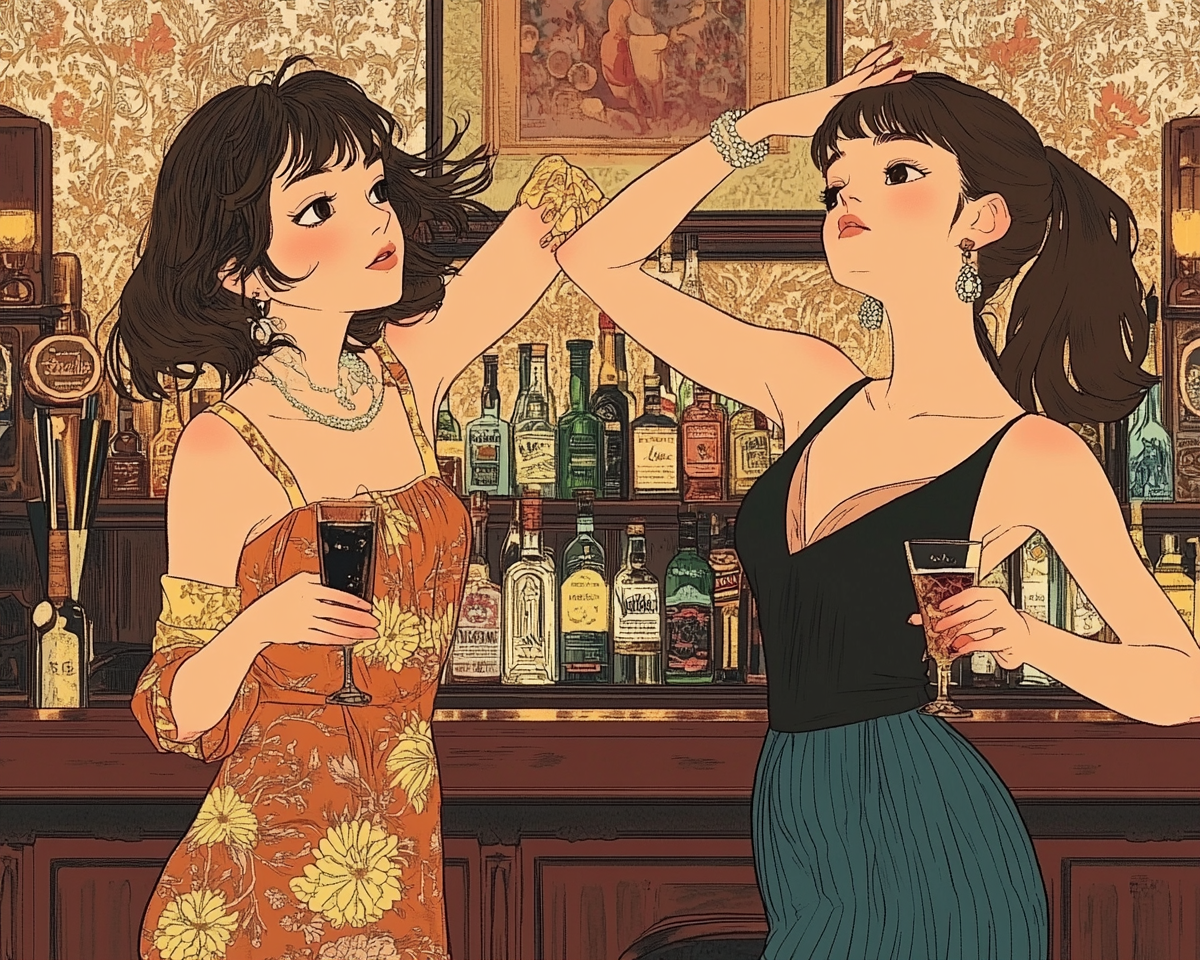 Two girls in a medieval-style bar painting.