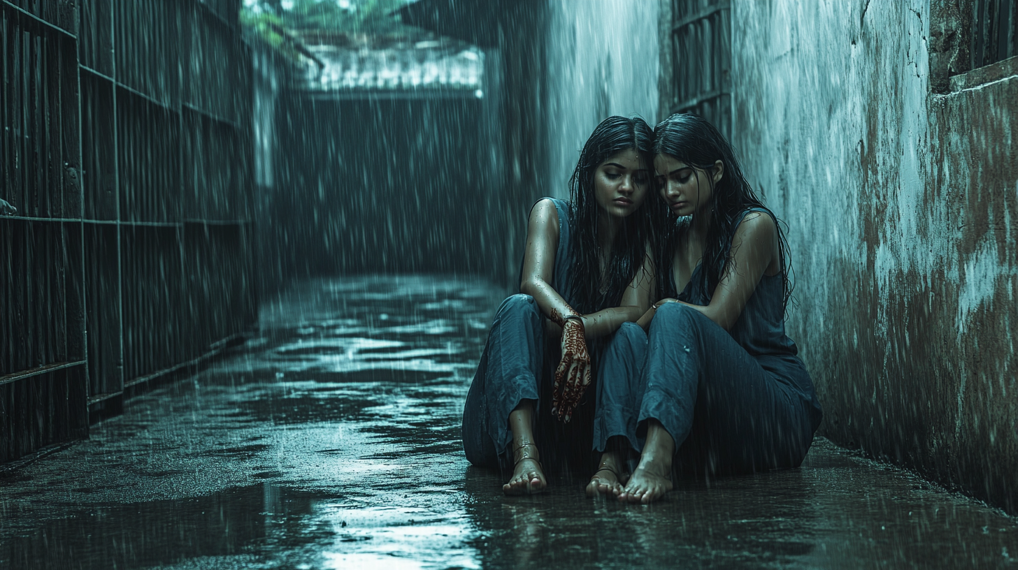 Two girls in a rainy prison lane.