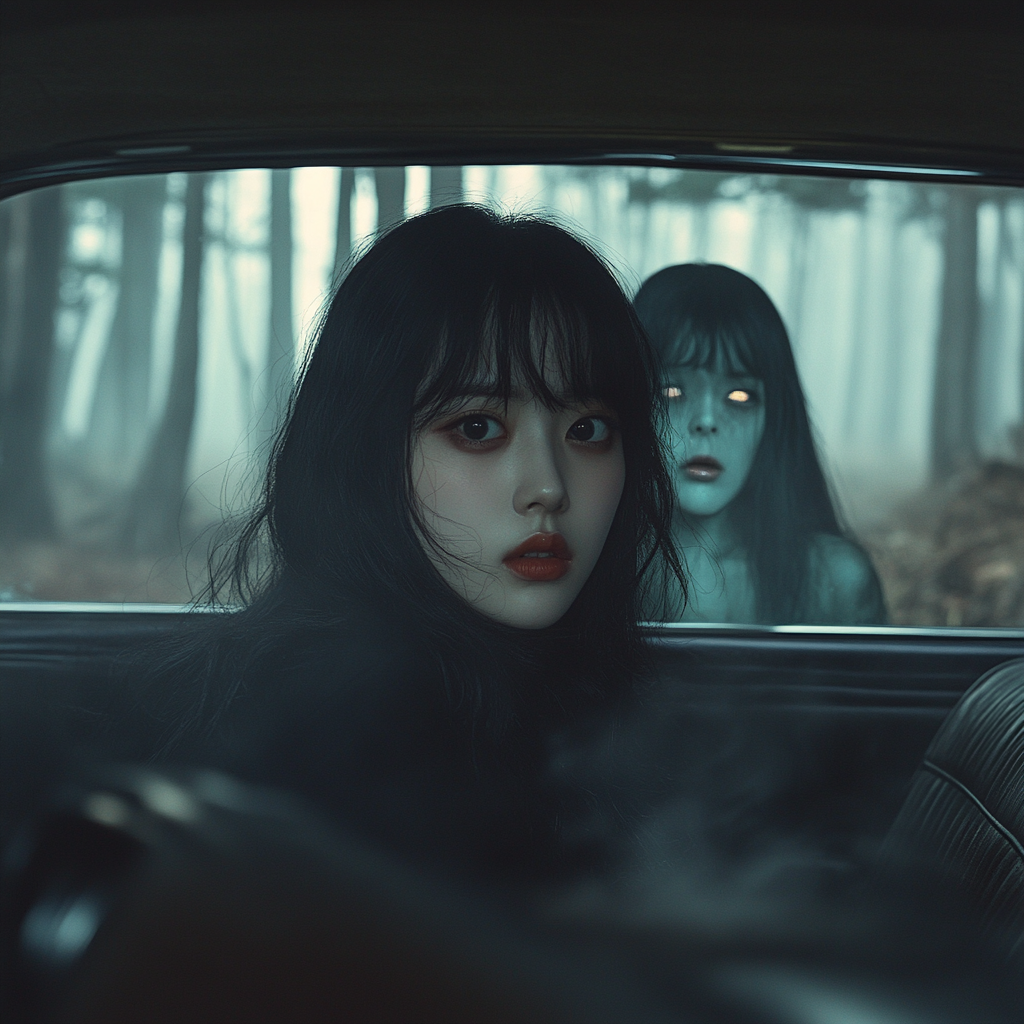 Two girls in car with ghostly figure, spooky forest.