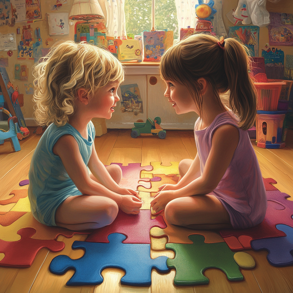 Two girls in colorful room symbolizing autism awareness.