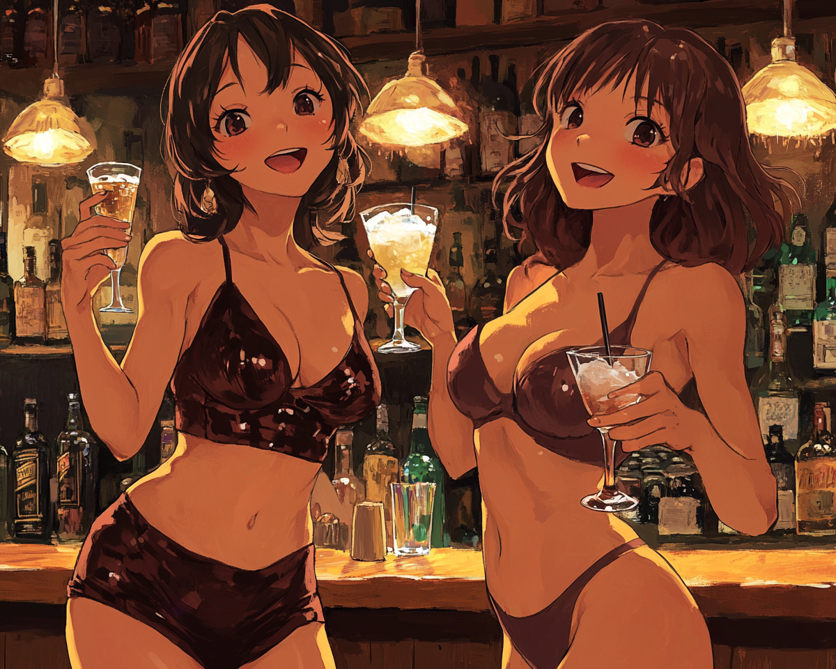 Two girls in evening outfits at bar.