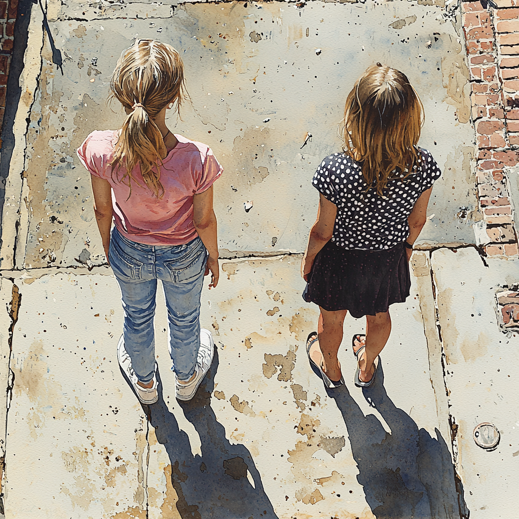 Two girls in pink and polka dots outside.