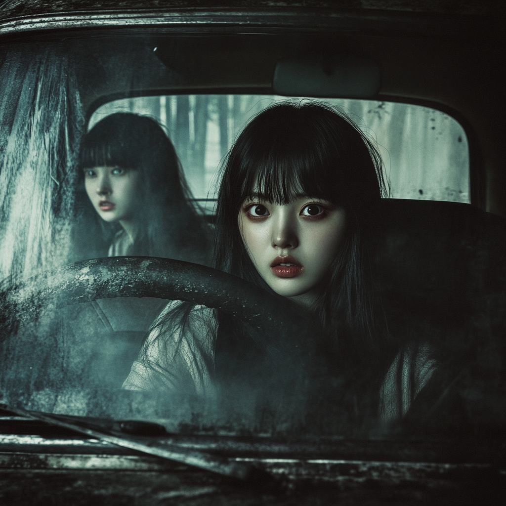 Two girls in spooky forest inside an old car