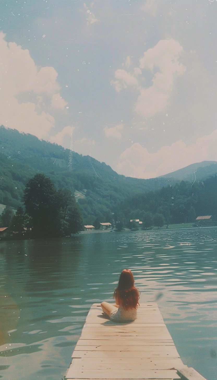 Two girls on dock in calm lake scenery.