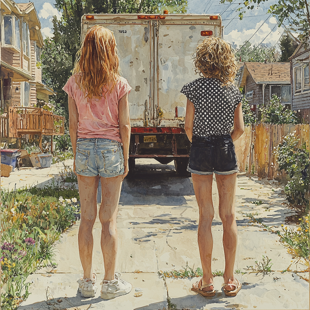 Two girls outside as truck drives away.