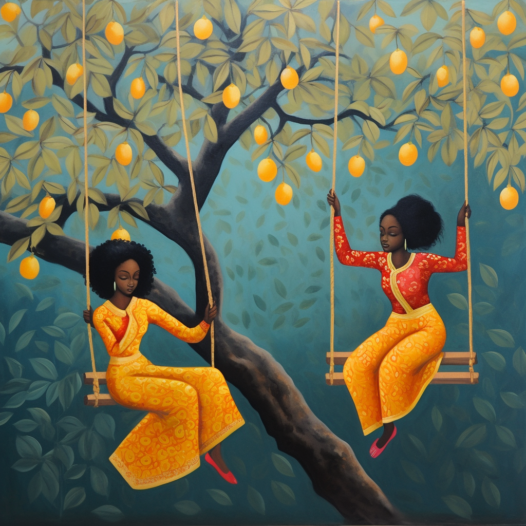 Two girls swing from mango tree painting