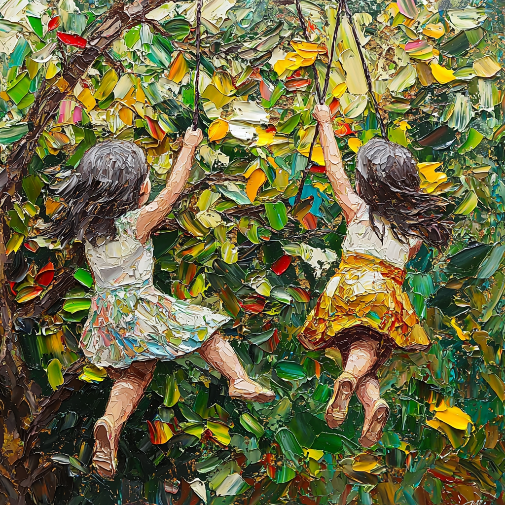 Two girls swinging happily under mango tree