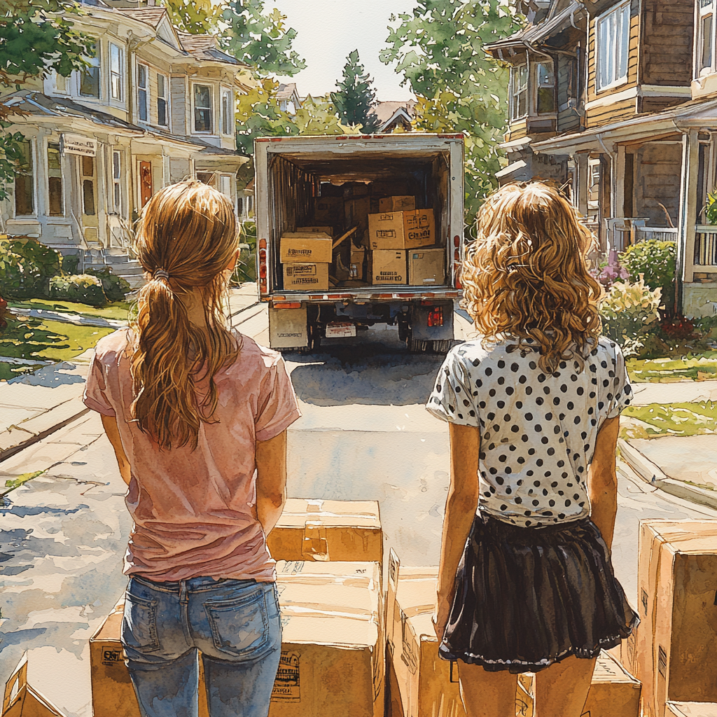 Two girls watch men load truck in neighborhood.