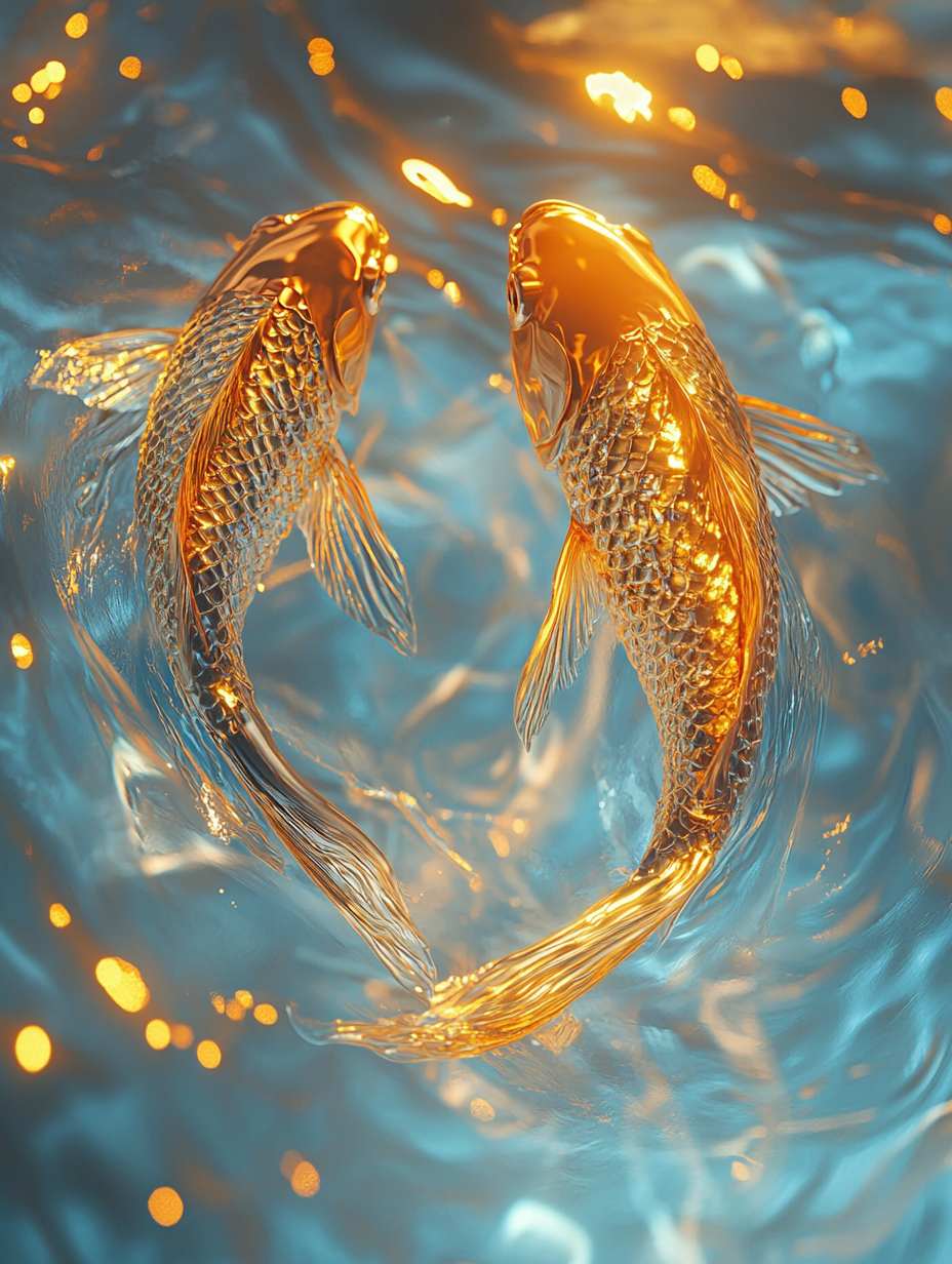 Two golden fish on sparkling water, sunlight reflections.