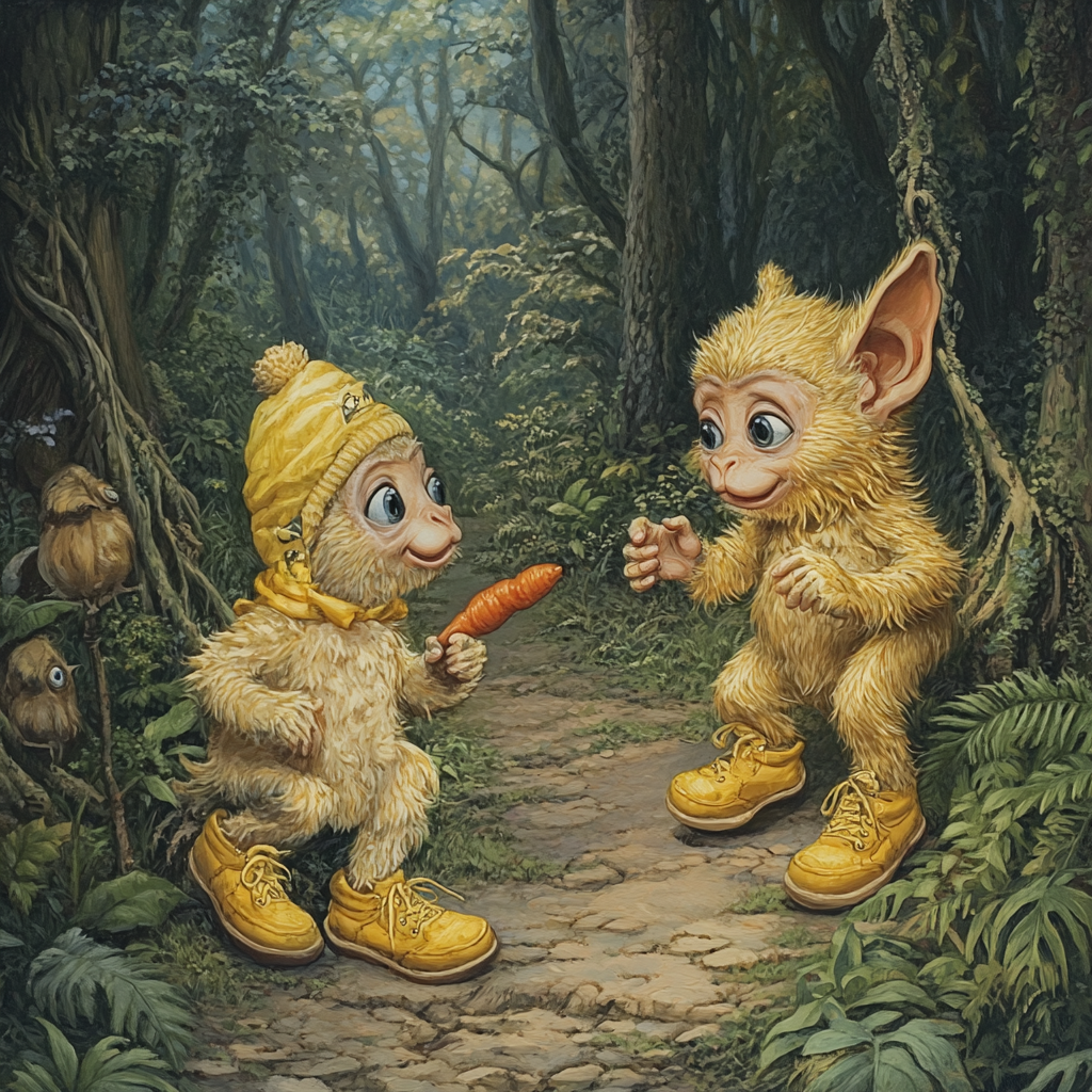 Two golden monkeys trick Bunny with yellow shoes.