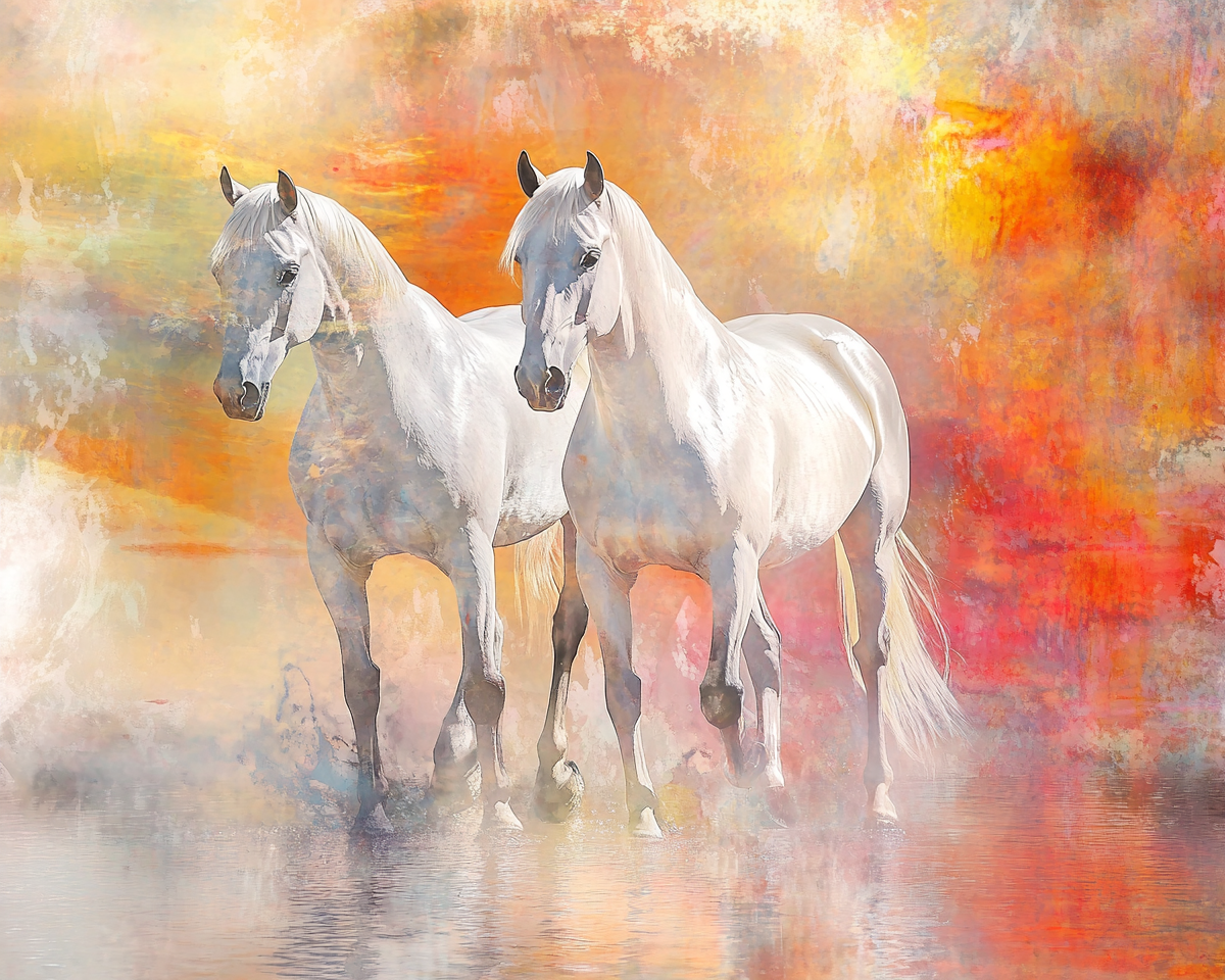 Two graceful white horses dancing in watercolor art