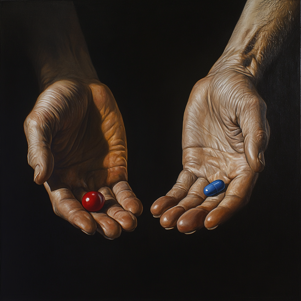 Two hands hold red and blue pills