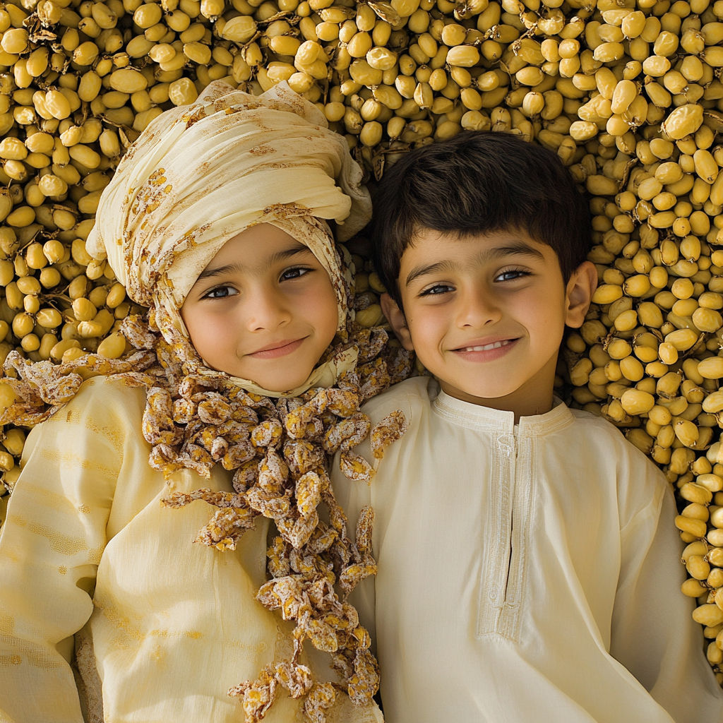 Two happy Omani children in yellow date grove