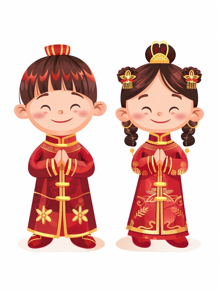 Two happy children in Chinese clothes, smiling warmly.