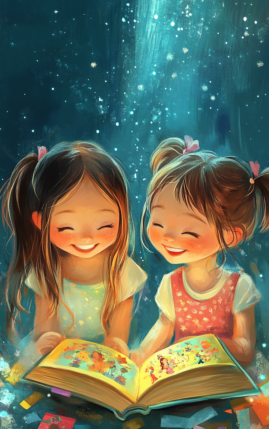 Two happy girls reading colorful book outdoors happily