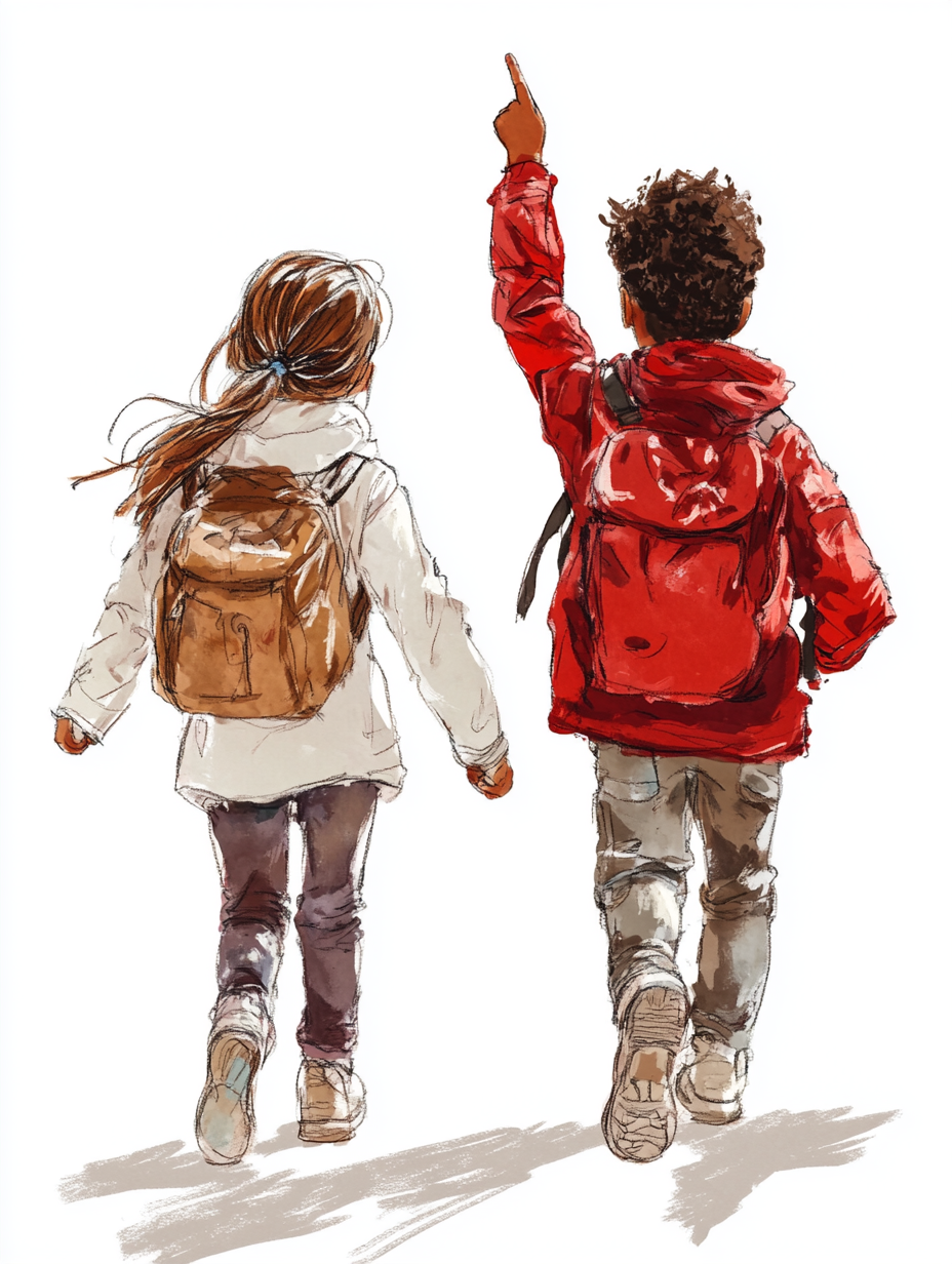 Two happy kids in red and white walk