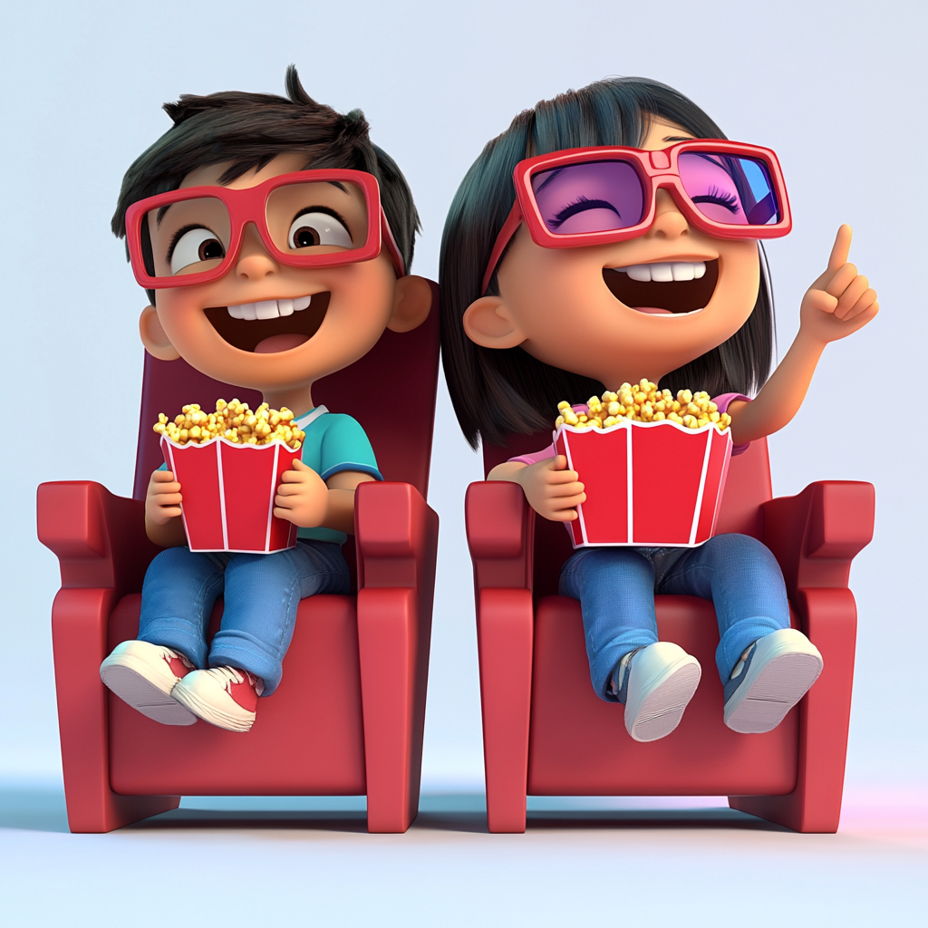 Two happy kids watching movie in 3D.