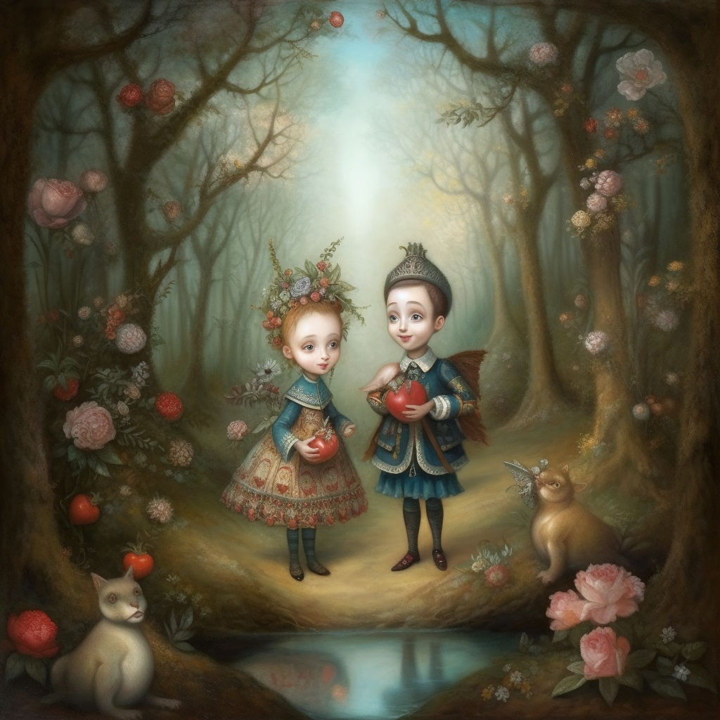 Two happy men in beautiful fantasy landscape with flowers.