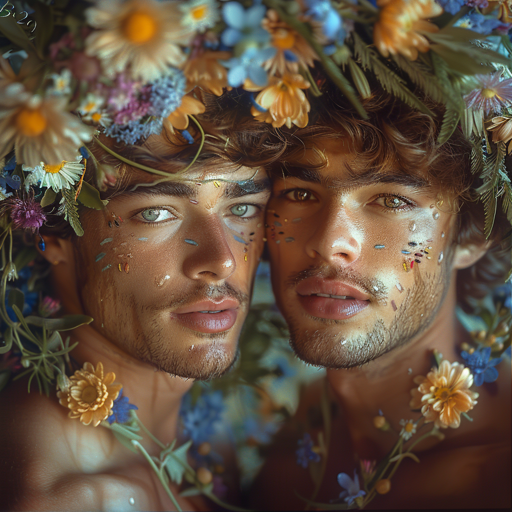 Two happy men in surreal, beautiful fantasy landscape.