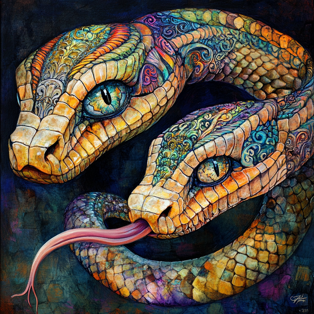 Two-headed snake with bright eyes in fantasy setting